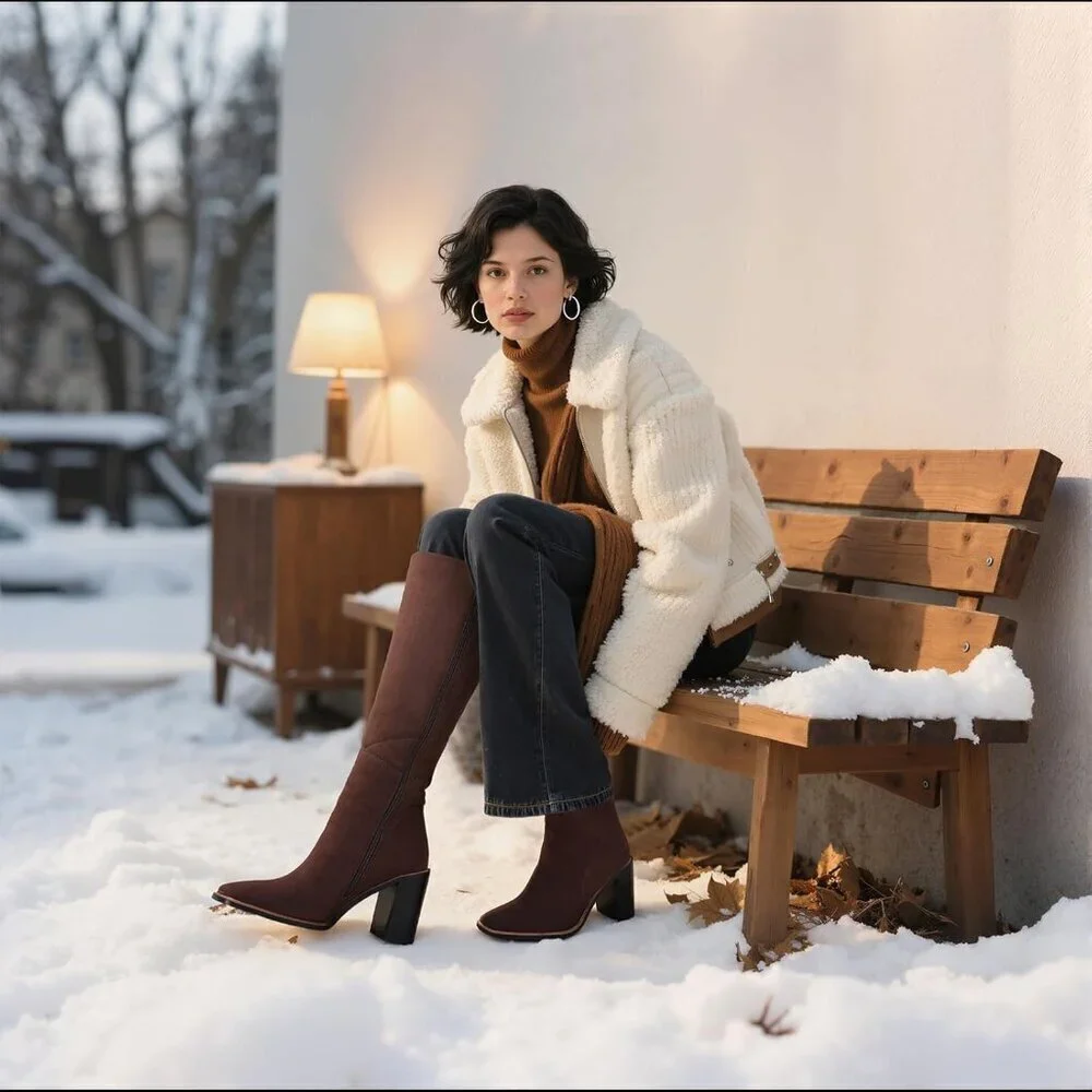 🆕Women’s Polyurethane Chocolate Square Toe Chunky Block Heel Leather Zip Boot